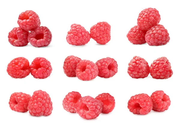 Set Fresh Ripe Raspberries Isolated White Stock Picture