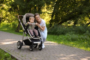 Mutlu dadı ve şirin çocuk parkta bebek arabasında, mesaj için yer var.
