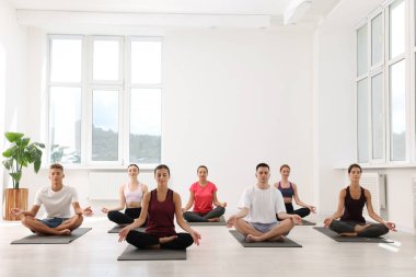 Paspaslar üzerinde yoga yapan bir grup insan, mesaj için yer var.