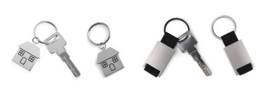 Set with keys and key chains isolated on white clipart