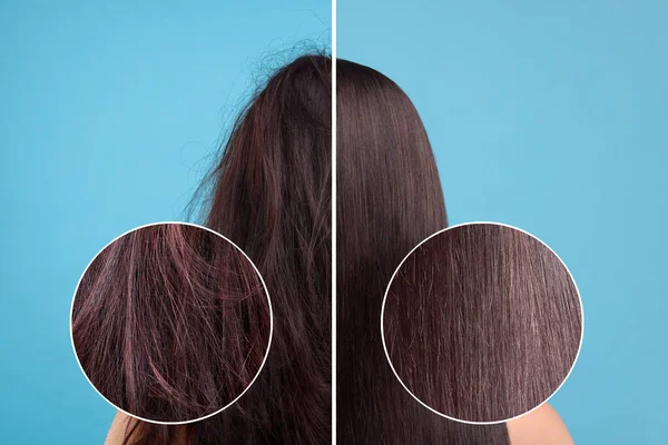 Фотографія Жінки Розділена Половинки Після Лікування Волосся Світло Блакитному Тлі — стокове фото