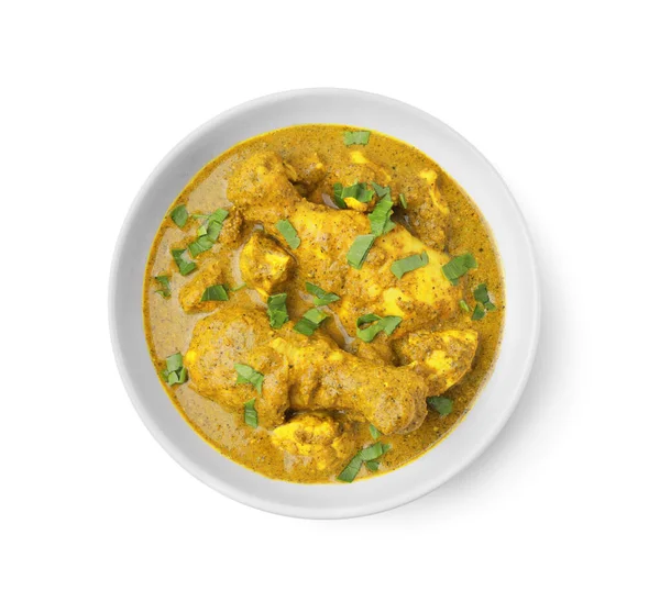 Köstliches Hühnchen Mit Currysoße Und Basilikum Isoliert Auf Weiß Von — Stockfoto