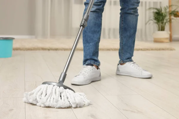 Man Cleaning Floor Mop Home Closeup — Stock Photo, Image