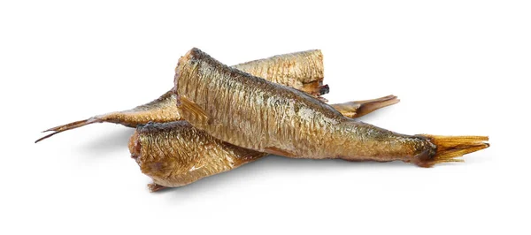 Many Tasty Smoked Sprats Isolated White — Stock Photo, Image