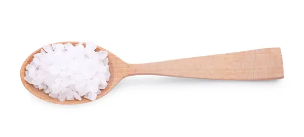 Wooden Spoon Natural Sea Salt Isolated White Top View — Stock Photo, Image