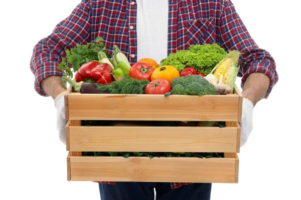 Temporada Cosecha Agricultor Sosteniendo Cajón Madera Con Verduras Sobre Fondo —  Fotos de Stock