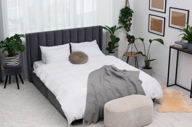 Büyük, rahat bir yatak ve güzel bitkiler. Yatak odasının içi.