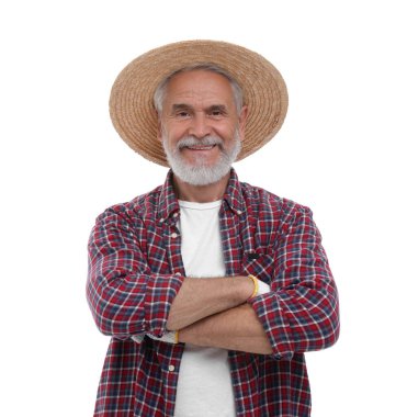 Hasat mevsimi. Beyaz arka planda çapraz kollu mutlu çiftçi