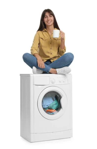 Beautiful Woman Cup Drink Sitting Washing Machine White Background — Stock Photo, Image