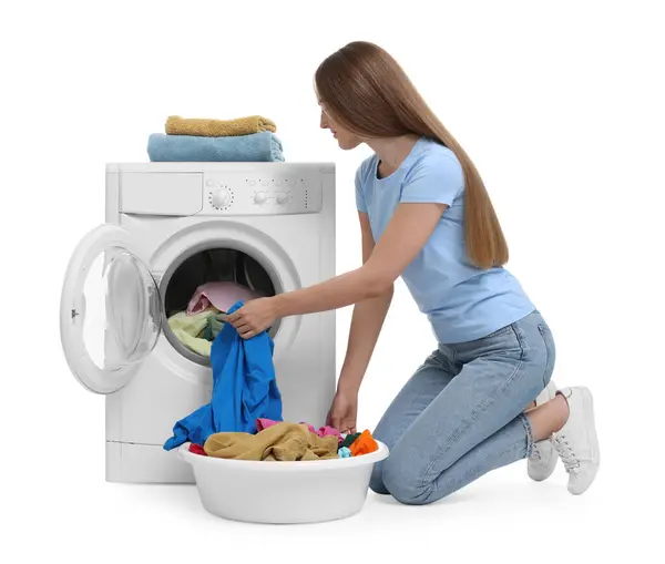 Beautiful Young Woman Taking Laundry Out Washing Machine White Background — Stock Photo, Image