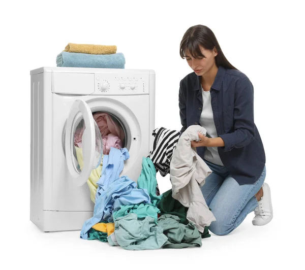 Unhappy Woman Dirty Clothes Washing Machine White Background — Stock Photo, Image