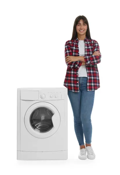 Beautiful Woman Washing Machine White Background — Stock Photo, Image