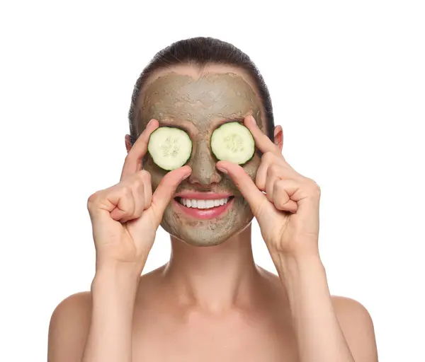 Beautiful Woman Clay Mask Covering Eyes Pieces Cucumber White Background — Stock Photo, Image