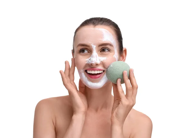 Happy Young Woman Washing Face Mask Sponge White Background — Stock Photo, Image