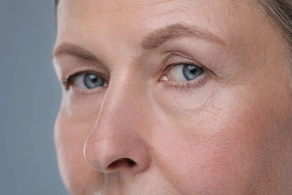 Senior Woman Aging Skin Grey Background Closeup Rejuvenation Treatment — Stock Photo, Image