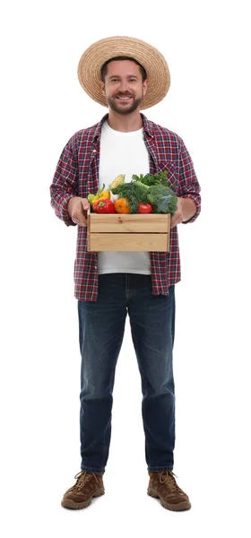 Temporada Cosecha Granjero Feliz Sosteniendo Cajón Madera Con Verduras Sobre — Foto de Stock