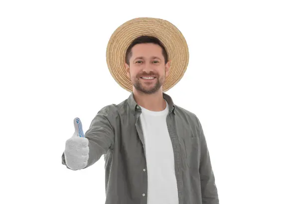 Εποχή Συγκομιδής Ευτυχισμένος Αγρότης Δείχνει Τον Αντίχειρα Επάνω Λευκό Φόντο — Φωτογραφία Αρχείου