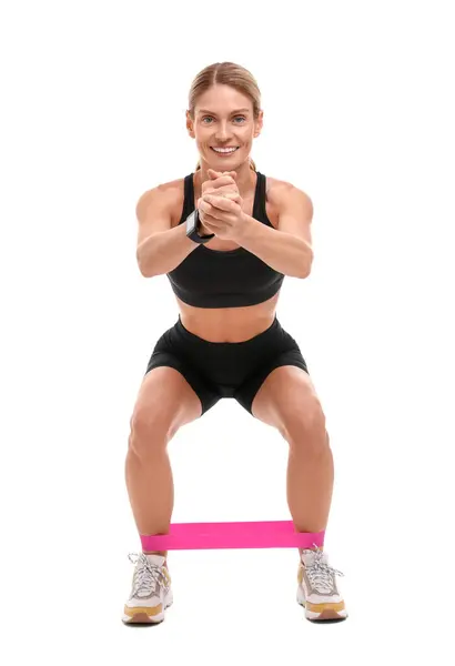 Mulher Exercitando Com Banda Resistência Elástica Fundo Branco — Fotografia de Stock