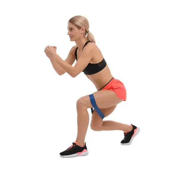 Woman Exercising Elastic Resistance Band White Background — Stock Photo, Image