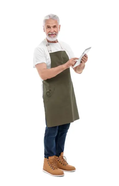 Senior Man Using Tablet White Background — Stock Photo, Image