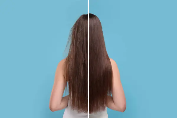 Açık Mavi Arkaplanda Saç Tedaviden Önce Sonra Ikiye Bölünmüş Kadın — Stok fotoğraf