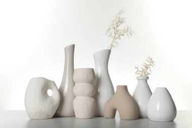 Farklı tarz vazolar ve kurutulmuş çiçekler beyaz arka plana karşı masalarda.