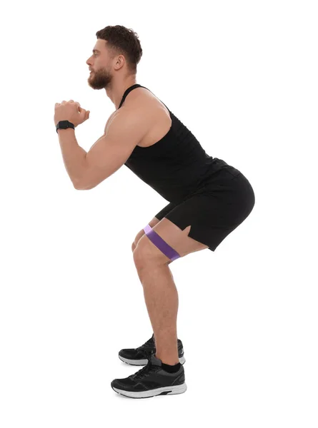 Young Man Exercising Elastic Resistance Band White Background — Stock Photo, Image