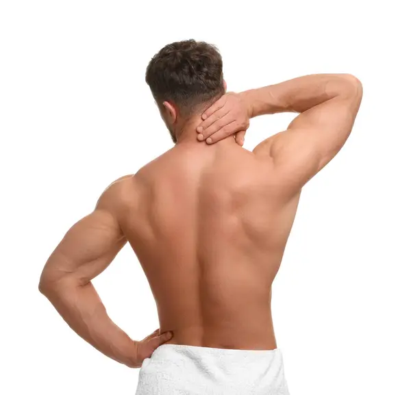 Man Suffering Neck Pain White Background Back View — Zdjęcie stockowe