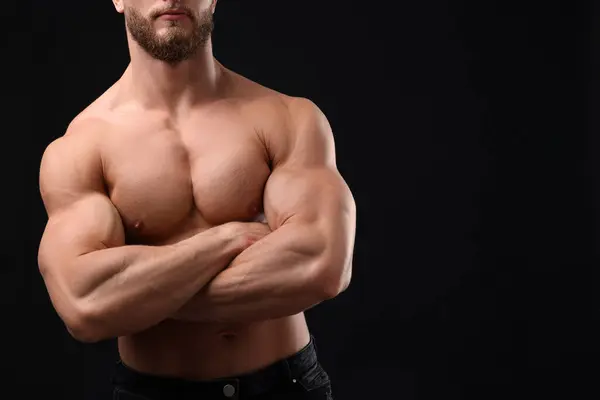 Muscular Man Black Background Closeup Space Text Sexy Body — Stock Photo, Image