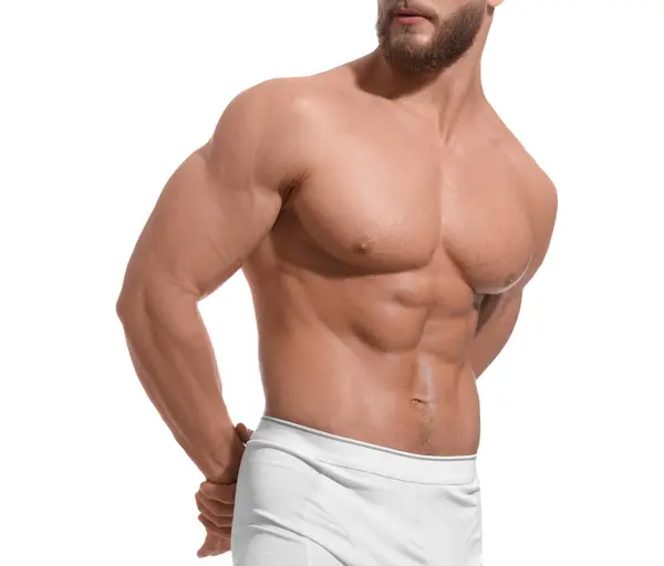Homem Musculoso Mostrando Abdominais Isolados Branco Close Corpo Sexy — Fotografia de Stock