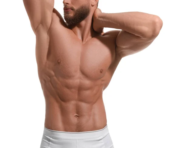 Muskularny Mężczyzna Pokazuje Mięśnie Wyizolowane Białym Zbliżeniu Sexy Ciało — Zdjęcie stockowe