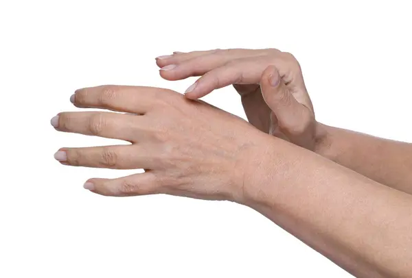 Zbliżenie Rąk Kobiety Starzeniem Się Skóry Białym Tle Leczenie Odmładzania — Zdjęcie stockowe