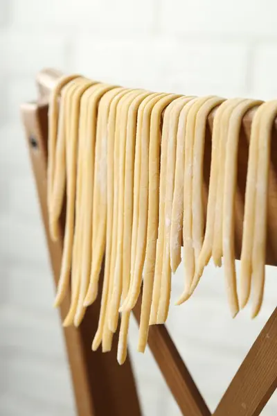 Homemade Pasta Drying Chair White Background Closeup — Stock Photo, Image