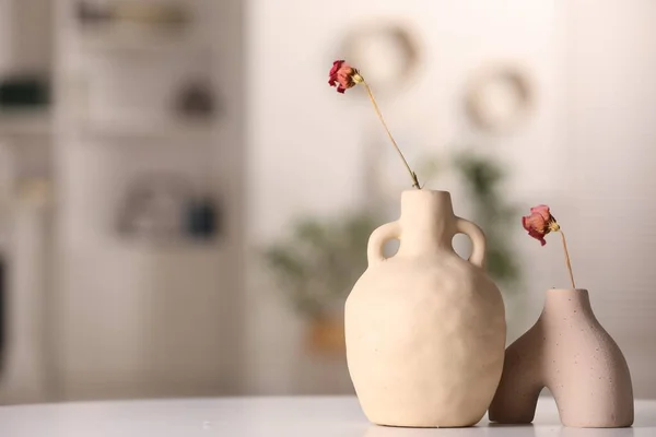 Beyaz Masadaki Kurutulmuş Çiçekli Vazolar Metin Için Boşluk — Stok fotoğraf