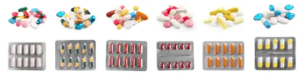 Set Many Different Pills Isolated White — Stock Photo, Image