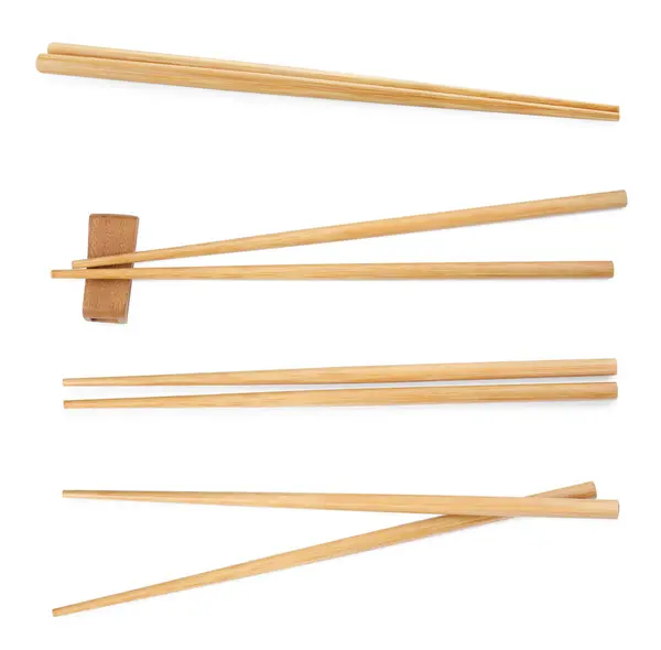 Koláž Dřevěnými Hůlkami Izolovanými Bílém — Stock fotografie