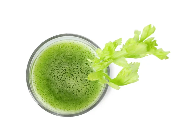 Glass Fresh Celery Juice White Background Top View — Stock Photo, Image