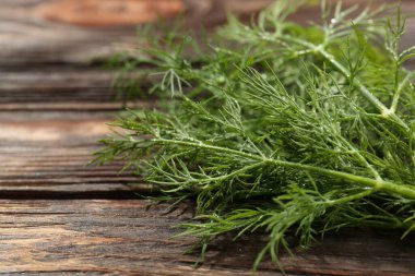 Taze yeşil dereotu ve ahşap masaya su damlaları, yakın plan. Metin için boşluk