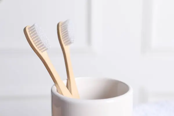 Bamboo Toothbrushes Holder Blurred Background Closeup Space Text — Stock Photo, Image