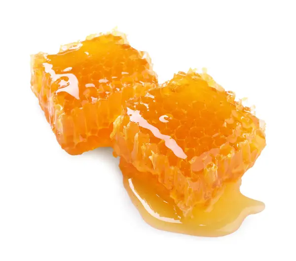 Natuurlijke Honingraten Met Smakelijke Honing Geïsoleerd Wit — Stockfoto