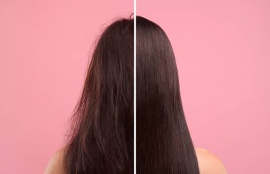Pembe arka planda saç tedavisinden önce ve sonra ikiye bölünmüş kadın fotoğrafı, arka plan