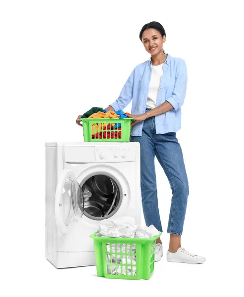 Beautiful Woman Laundry Basket Washing Machine White Background — Stock Photo, Image