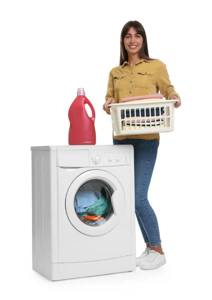 Beautiful Woman Laundry Basket Detergent Washing Machine White Background — Stock Photo, Image