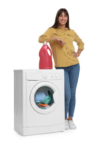 Beautiful Woman Detergent Washing Machine White Background — Stock Photo, Image