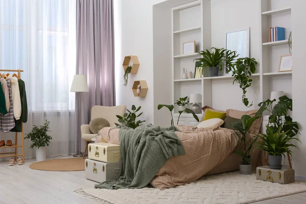 Stylish Bedroom Comfortable Bed Different Houseplants Interior Design — Stock Photo, Image