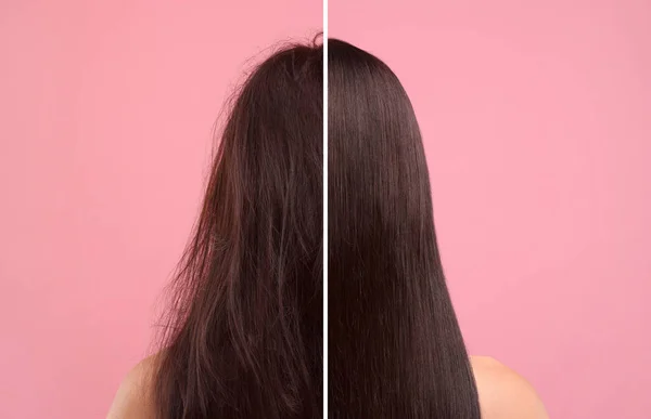 照片中的女性在接受粉红背景的理发前后被分成了两半 — 图库照片