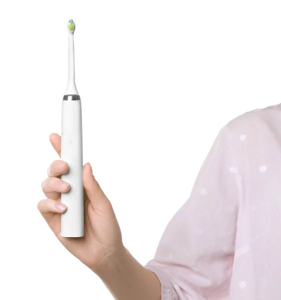 Woman Holding Electric Toothbrush White Background Closeup — Stock Photo, Image