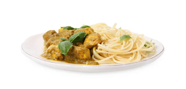 Leckere Pasta Und Huhn Mit Currysoße Auf Weißem Eis — Stockfoto