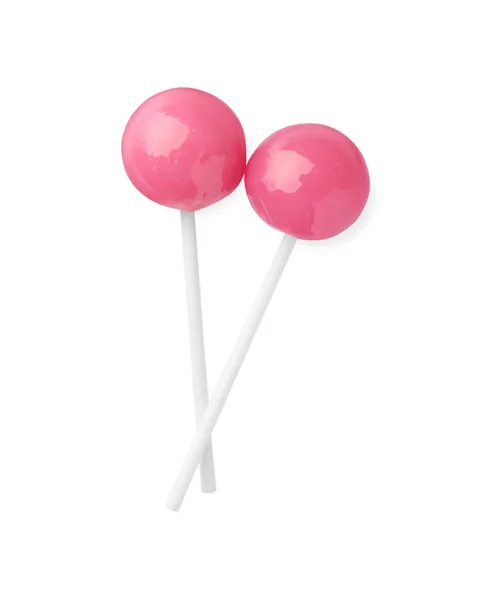 两片甜粉色的棒棒糖 白色的 顶部视图隔离 — 图库照片