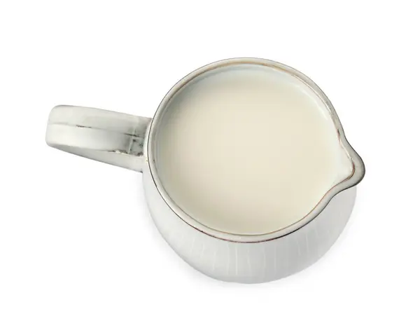 Een Kan Vol Verse Melk Geïsoleerd Wit Bovenaanzicht — Stockfoto